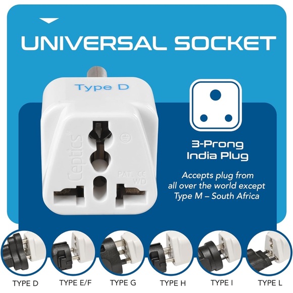 Type D Ceptics India Travel Plug Adapter for Pakistan Nepal Bangladesh - 3 Pack - Picture 3 of 11